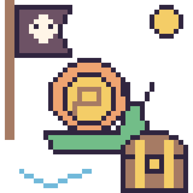 Modèle de pixel art Escargot en aventure pirate sur une grille de 40 par 40 cases