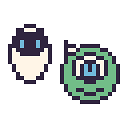 Pixel art EVE mini et Bob Razowski mini, grille 32 × 32