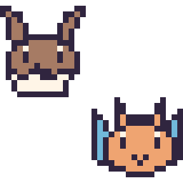 Pixel art Évoli mini et Dracaufeu mini, grille 32 × 32