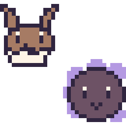 Pixel art Évoli mini et Fantominus mini, grille 32 × 32