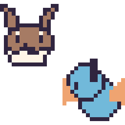 Pixel art Évoli mini et Gobou mini, grille 32 × 32