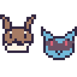 Pixel art Évoli mini et Lucario mini, grille 32 × 32