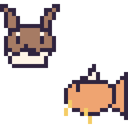 Pixel art Évoli mini et Magicarpe mini, grille 32 × 32