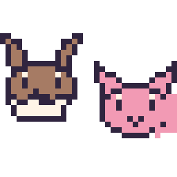 Pixel art Évoli mini et Mew mini, grille 32 × 32