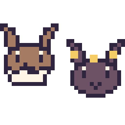 Pixel art Évoli mini et Noctali mini, grille 32 × 32