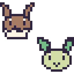 Pixel art Évoli mini et Phyllali mini, grille 32 × 32
