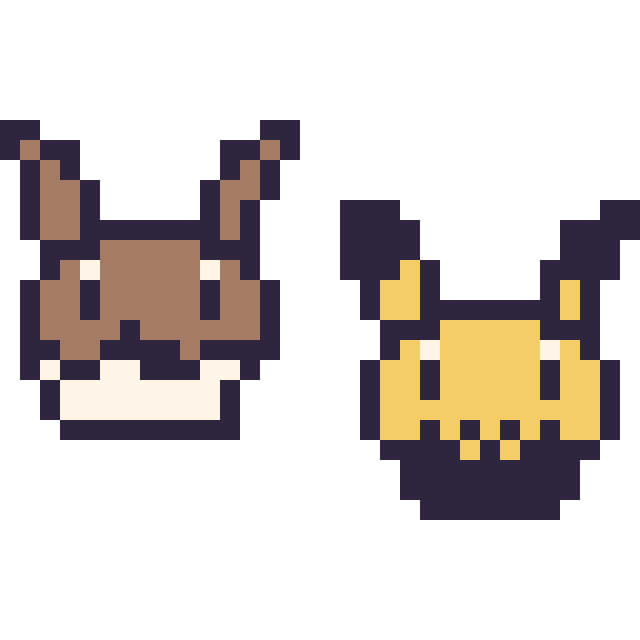 Modèle de pixel art Évoli mini et Pichu mini sur une grille de 32 par 32 cases