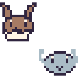 Pixel art Évoli mini et Racaillou mini, grille 32 × 32