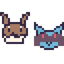 Pixel art Évoli mini et Riolu mini, grille 32 × 32