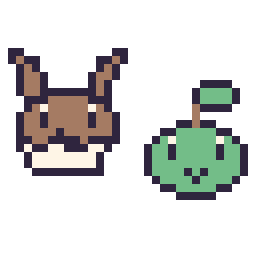 Pixel art Évoli mini et Tortipouss mini, grille 32 × 32