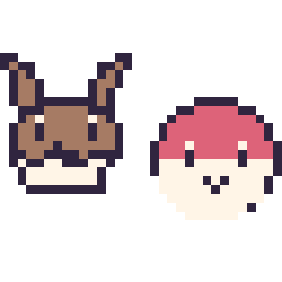 Pixel art Évoli mini et Voltorbe mini, grille 32 × 32