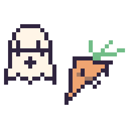 Pixel art Fantôme kawaii 16 × 16 et Carotte kawaii 16 × 16, grille 32 × 32