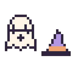Pixel art Fantôme kawaii 16 × 16 et Chapeau de sorcière simple 12 × 12, grille 32 × 32