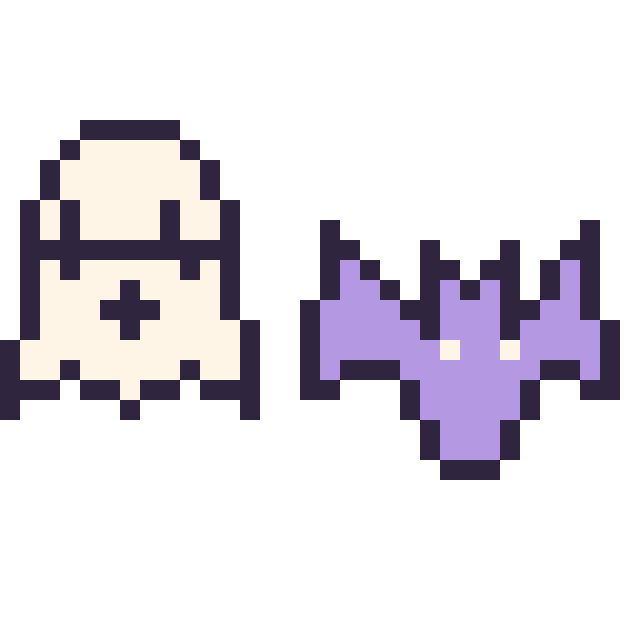 Modèle de pixel art Fantôme kawaii 16 × 16 et Chauve-souris simple 16 × 16 sur une grille de 32 par 32 cases