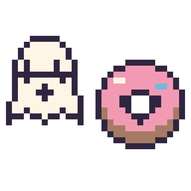 Modèle de pixel art Fantôme kawaii 16 × 16 et Donut kawaii 16 × 16 sur une grille de 32 par 32 cases