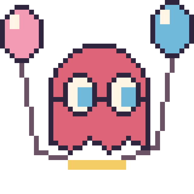 Modèle de pixel art Fantôme Pac-Man avec des ballons sur une grille de 40 par 40 cases