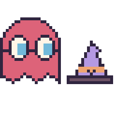 Pixel art Fantôme Pac-Man et Chapeau de sorcière kawaii 16 × 16, grille 40 × 40