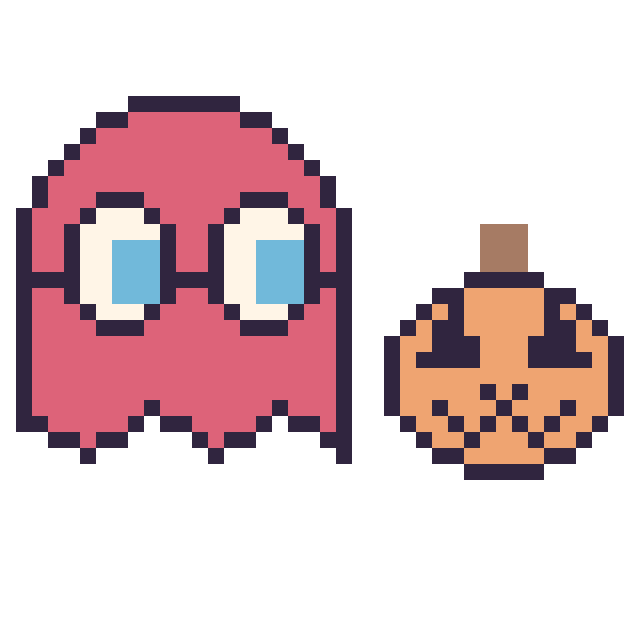 Modèle de pixel art Fantôme Pac-Man et Citrouille d'Halloween kawaii 16 × 16 sur une grille de 40 par 40 cases