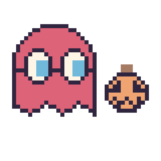 Modèle de pixel art Fantôme Pac-Man et Citrouille d'Halloween simple 12 × 12 sur une grille de 40 par 40 cases