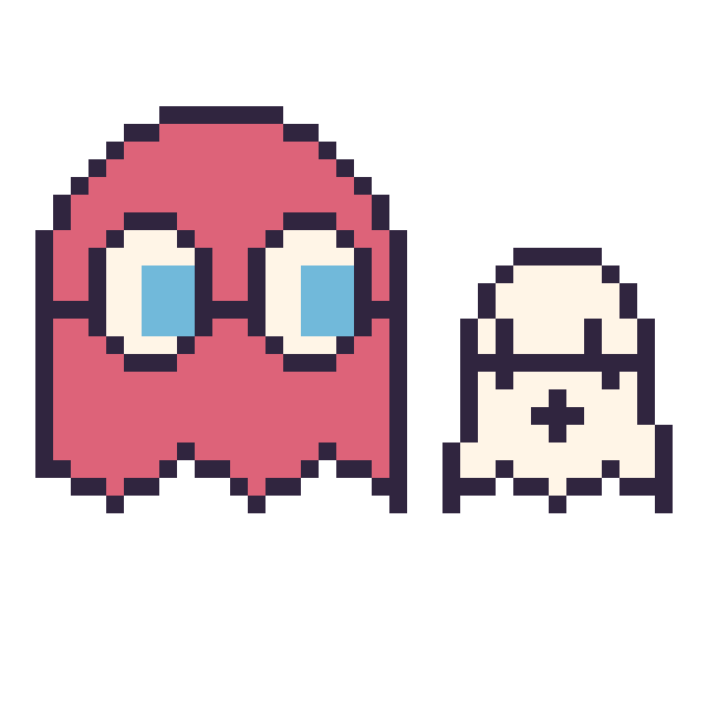Modèle de pixel art Fantôme Pac-Man et Fantôme kawaii 16 × 16 sur une grille de 40 par 40 cases