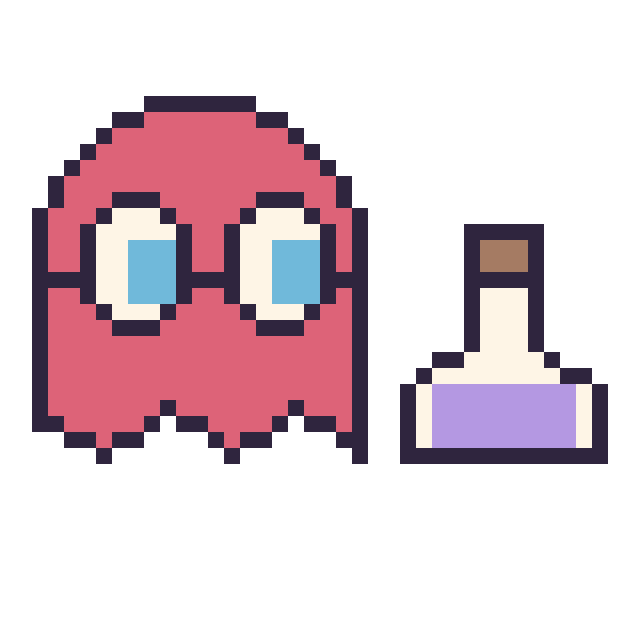 Modèle de pixel art Fantôme Pac-Man et Potion simple 16 × 16 sur une grille de 40 par 40 cases