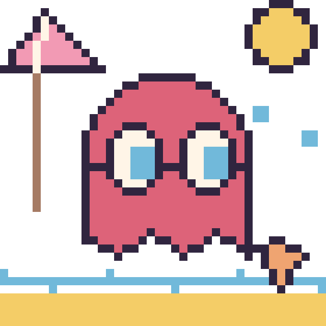 Modèle de pixel art Fantôme Pac-Man à la plage sur une grille de 40 par 40 cases