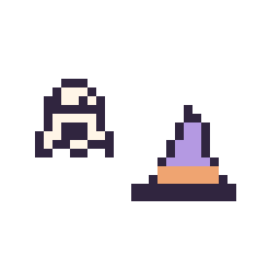 Pixel art Fantôme simple 10 × 10 et Chapeau de sorcière simple 12 × 12, grille 32 × 32