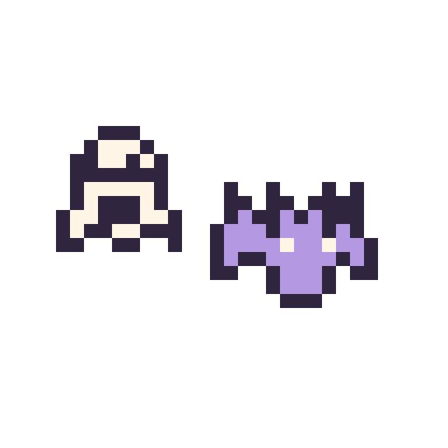 Modèle de pixel art Fantôme simple 10 × 10 et Chauve-souris simple 12 × 12 sur une grille de 32 par 32 cases
