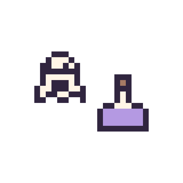 Modèle de pixel art Fantôme simple 10 × 10 et Potion simple 10 × 10 sur une grille de 32 par 32 cases