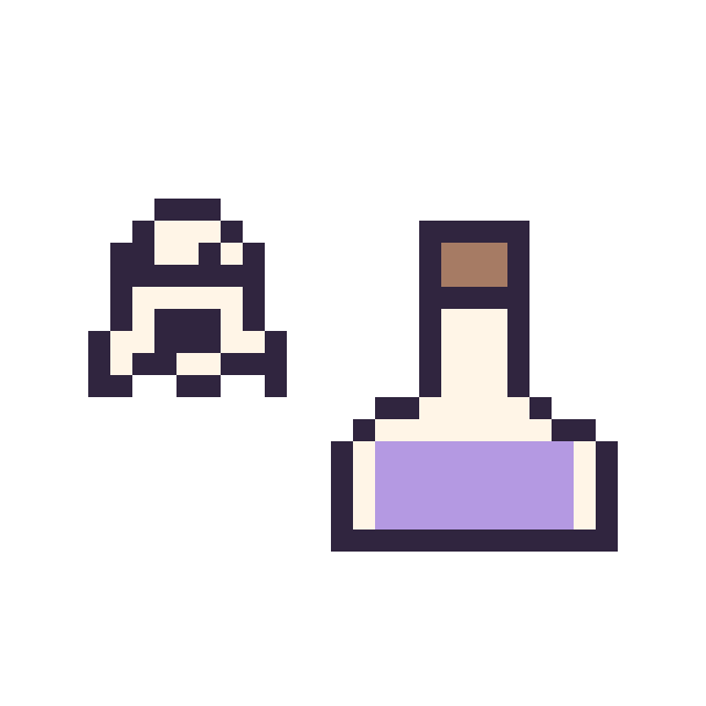 Modèle de pixel art Fantôme simple 10 × 10 et Potion simple 16 × 16 sur une grille de 32 par 32 cases