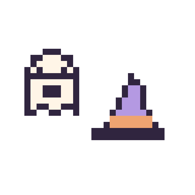 Modèle de pixel art Fantôme simple 12 × 12 et Chapeau de sorcière simple 12 × 12 sur une grille de 32 par 32 cases