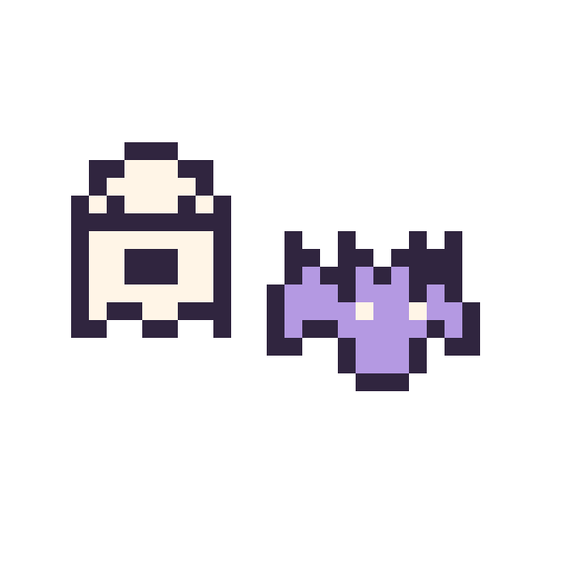 Modèle de pixel art Fantôme simple 12 × 12 et Chauve-souris simple 12 × 12 sur une grille de 32 par 32 cases