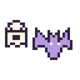 Pixel art Fantôme simple 12 × 12 et Chauve-souris simple 16 × 16, grille 32 × 32