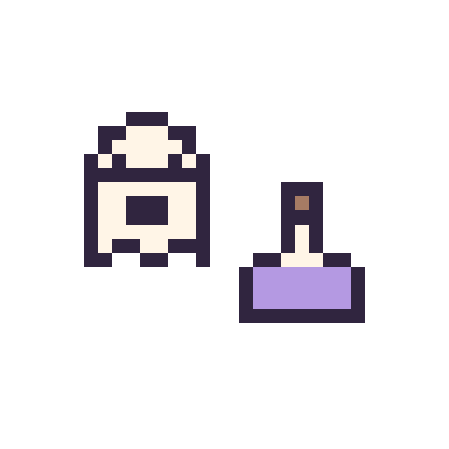 Modèle de pixel art Fantôme simple 12 × 12 et Potion simple 10 × 10 sur une grille de 32 par 32 cases