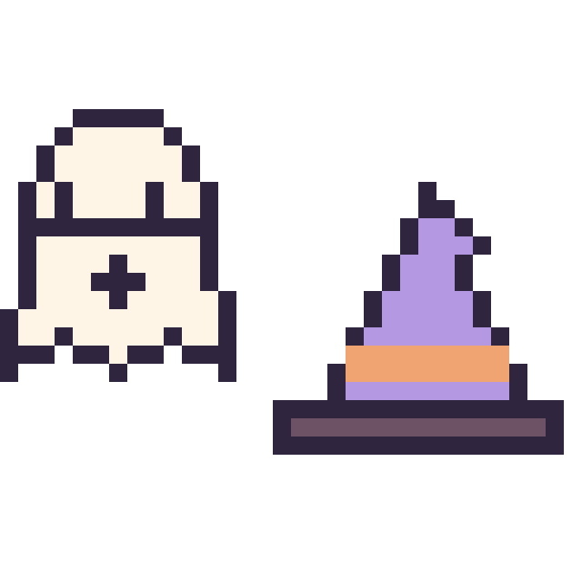 Modèle de pixel art Fantôme simple 16 × 16 et Chapeau de sorcière simple 16 × 16 sur une grille de 32 par 32 cases