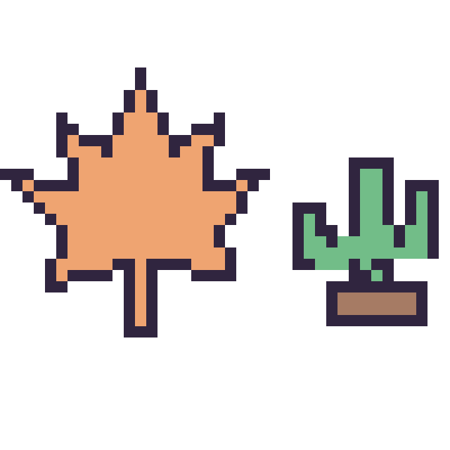 Modèle de pixel art Feuille d'érable et Cactus kawaii 16 × 16 sur une grille de 40 par 40 cases