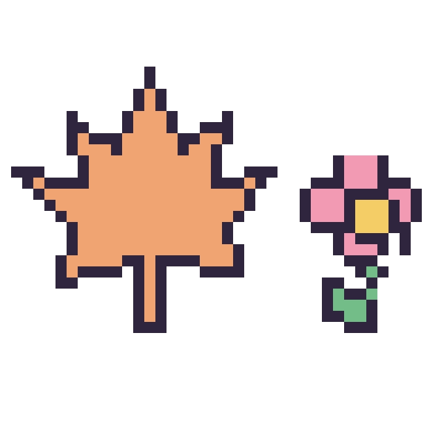 Modèle de pixel art Feuille d'érable et Fleur kawaii 16 × 16 sur une grille de 40 par 40 cases