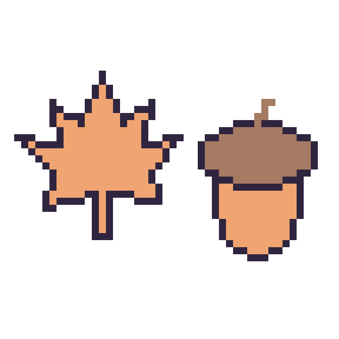 Modèle de pixel art Feuille d'érable et Gland sur une grille de 48 par 48 cases