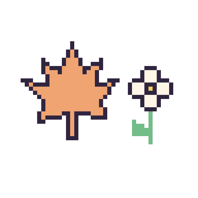 Modèle de pixel art Feuille d'érable et Marguerite tige fleurie sur une grille de 48 par 48 cases
