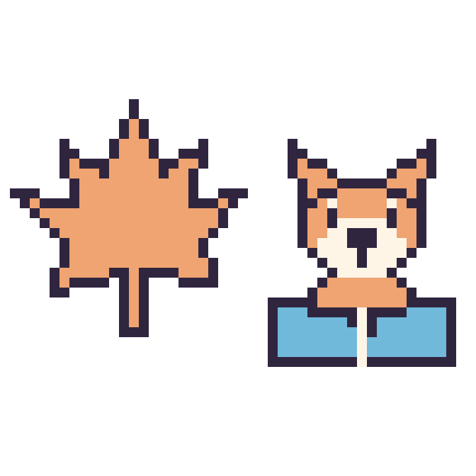Modèle de pixel art Feuille d'érable et Renard avec un livre sur une grille de 48 par 48 cases