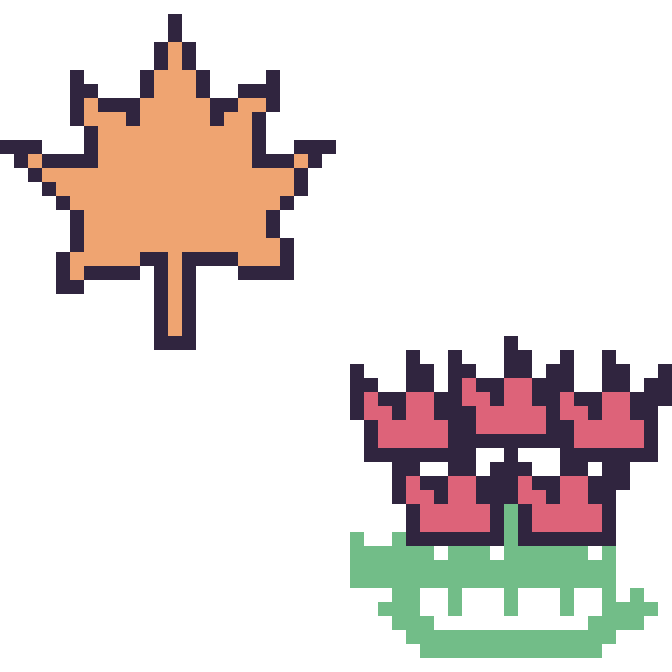 Modèle de pixel art Feuille d'érable et Tulipe en couronne sur une grille de 48 par 48 cases