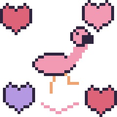 Pixel art Flamant rose avec des cœurs, grille 40 × 40