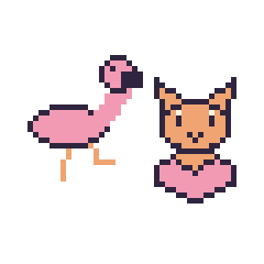 Pixel art Flamant rose et Chat avec un cœur, grille 48 × 48