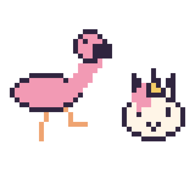 Modèle de pixel art Flamant rose et Licorne en portrait sur une grille de 40 par 40 cases