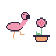 Pixel art Flamant rose et Rose en pot, grille 48 × 48