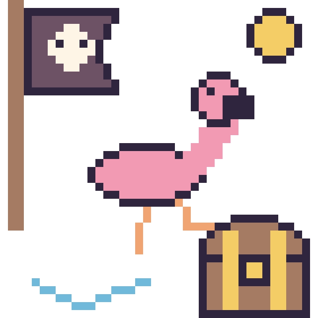 Modèle de pixel art Flamant rose en aventure pirate sur une grille de 40 par 40 cases