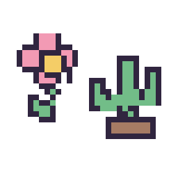 Pixel art Fleur kawaii 16 × 16 et Cactus kawaii 16 × 16, grille 32 × 32