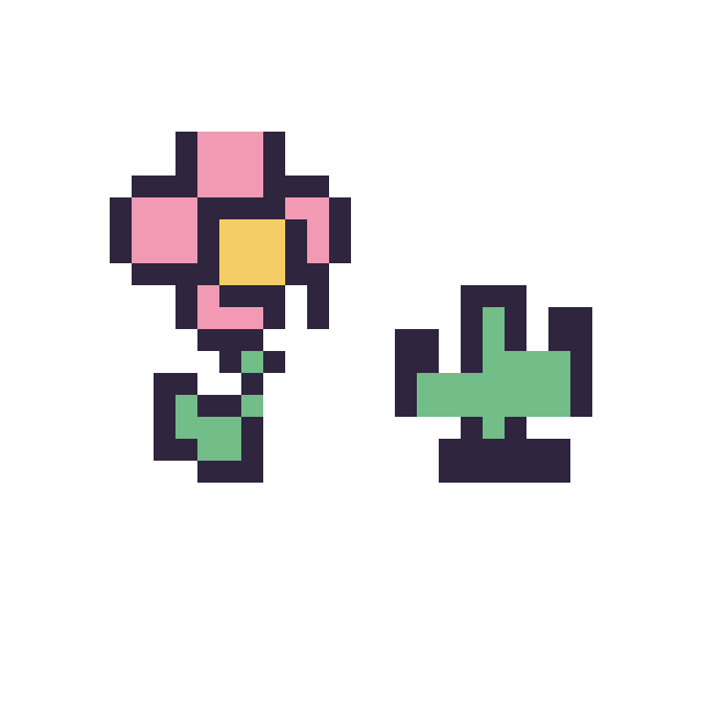 Modèle de pixel art Fleur kawaii 16 × 16 et Cactus simple 10 × 10 sur une grille de 32 par 32 cases