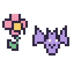 Pixel art Fleur kawaii 16 × 16 et Chauve-souris kawaii 16 × 16, grille 32 × 32