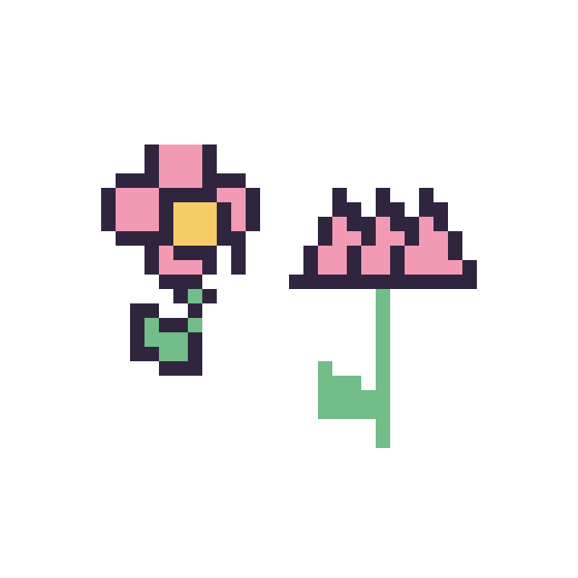 Modèle de pixel art Fleur kawaii 16 × 16 et Lotus tige fleurie sur une grille de 40 par 40 cases